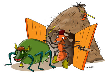 Карикатура о лесных муравьях. Муравей из муравейника выгоняет стадо тли после зимовке на пастбище для увеличения надоев молока. 