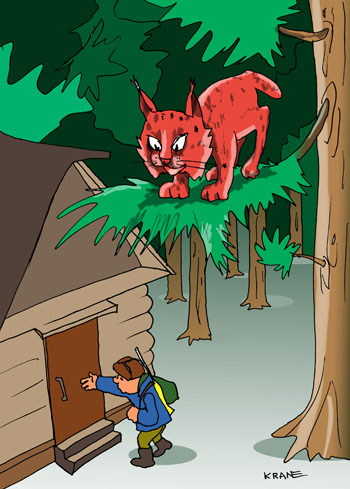 Карикатура про рысь. Рысь сидит на ветке над дверью избушки. Охраняет вход от непрошенных гостей. Охтник гоняясь за зайцами случайно зашел погреться в избушку. 