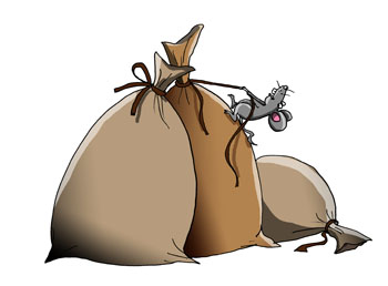 Карикатура о мешках. Мышка развязывает мешки
