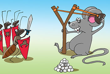 Карикатура о борьбе с садовыми муравьями. Мышка из рогатки стреляет средством от муравьев.
