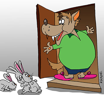 Карикатура о волке. Волк приглашает, заманивает зайцев к себе в гости. карикатура