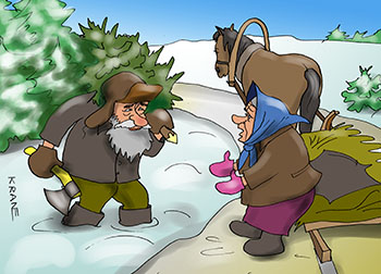 Карикатура о ёлке на Новый год. Дед срубил в лесу елку. Несет на плече. Бабка ждет его на дороге возле запряженных саней. Конь тоже ждет. карикатура