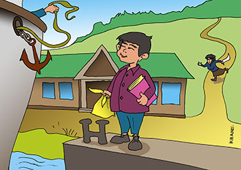 Карикатура о побеге из дома. Мальчик сбежал из дома на пристань. чтобы уплыть на пароходе в Тобольск.