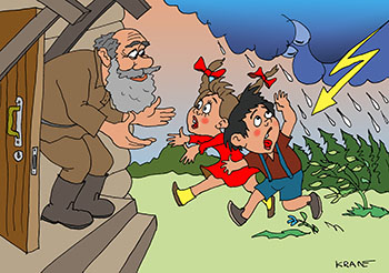 Карикатура про летнию грозу. Мальчик и девочка бегут домой, спасаясь от надвигающейся грозя. Дедушка встречает их на крыльце.