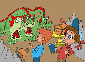Карикатура про сказку. Сказка Елены Дубовской. Эпизод в пещере с драконом