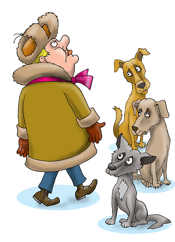 Карикатура про бродячих собак. Бродячие собаки и прохожий. Иллюстрация к книге Александра Новопашина Сказки бабы Зины.
