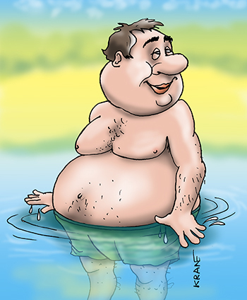 Карикатура про купание. Мужик заходит в холодную воду для купания и...