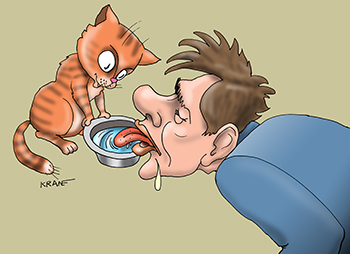 Карикатура про поить кота. Кот из своей поилки поит своего хозяина с похмелья.
