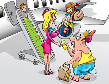 Карикатура про полет на самолете. Регистрация на посадку.
Сотрудник: Где предпочитаете лететь?
Я (нервничая): Внутри самолета.