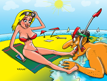 Карикатура про отдых на пляже. К девушке пристает мужик.