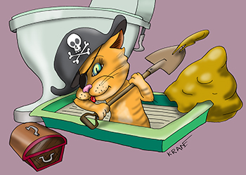 Карикатура про кошачий туалет. Кот как пират в лотке закапывает свои сокровища