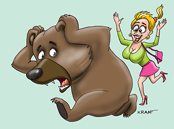 Карикатура про разговорчивую женщину. Женщина встретила медведя и стала ему рассказывать новости. Медведь устал ее слушать и убежал.