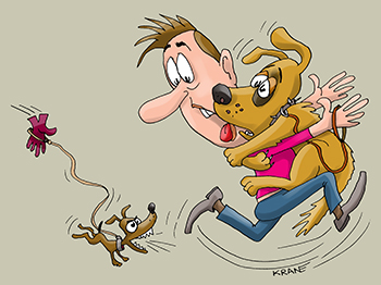 Карикатура про злую собаку. Собака друг человека. Хозяин убегает со своей собакой от злой собачки.