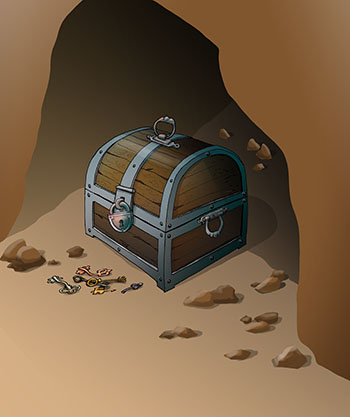 Карикатура про сундук. Сундук в пещере с сокровищами