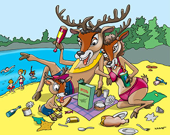 Карикатура про мусор. Семья оленей отдыхают на природе у водоема. Кушают и бросают мусор. Нужно уносить мусор с собой.