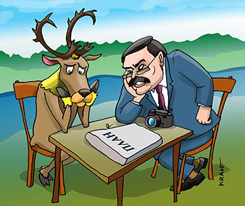 Карикатура про оленя. Фотограф и журналист думает над планом. Северный олень ему помогает думать.