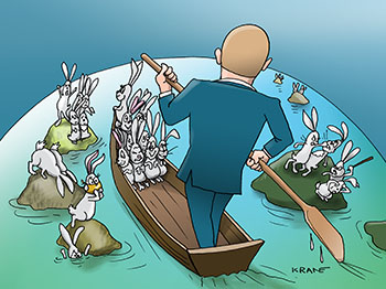 Карикатура про деда Мазая. Дед Мазай на лодке подбирает зайцев. 