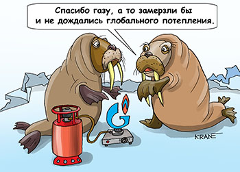 Карикатура про газ в Арктике. Моржи греются у газовой плитки. Спасибо газу, а то замерзли бы и не дождались глобального потепления.