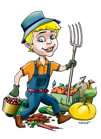 Карикатура про дачника с урожаем. Молодой дачник с вилами собирает урожай фруктов, ягод и овощей
