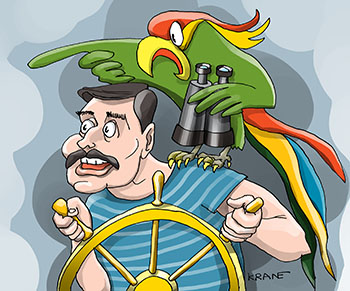 Карикатура про рулевого с попугаем. Рулевой за штувалом корабля слушает приказы попугая.