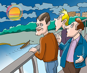 Карикатура про НЛО. Трое на мосту увидели НЛО в облаках.