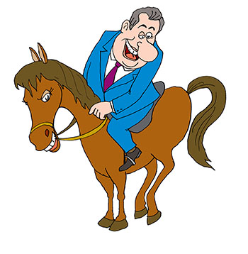 Карикатура про чиновника верхом на лошади. Чиновник сидит на лошади.