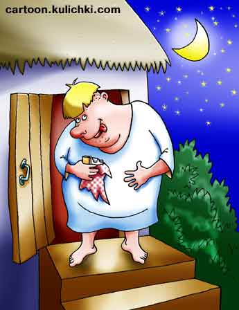 Карикатура про сало. Тиха украинская ночь... Луна, звезды. Стоит на крыльце хлопец, сало кушает. Хата с соломенной крышей.