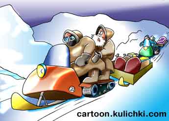 Карикатура о полярниках. Едут на снегоходах по заснеженной пустыне. В прицепах мешки.