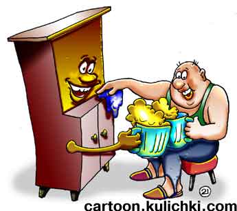 Карикатура о домашней уборке. Мужчину легче уговорить протереть мебель, если дать ему кружку пива. А если еще и кружку добавить для шкафа, то работа закипит еще веселее.