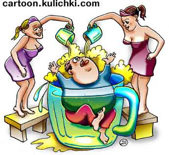 Карикатура о бане в большой пивной кружке. Господина моют две красавицы поливая ячменным пивом. Одежды не сняты, чтобы взор не отвлекался от пива. 