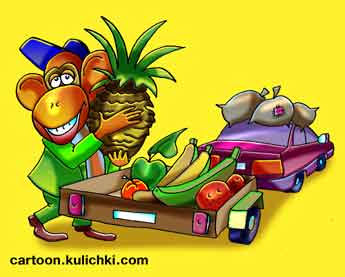 Карикатура о вывозе урожая с дачи. Имея прицеп к автомобилю можно вывезти урожай не только со своего дачного участка.  