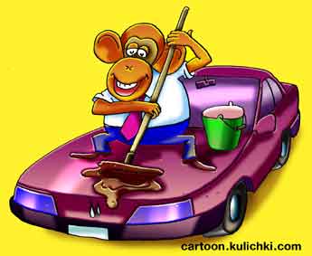 Карикатура о мойке автомобилей. Швабра и ведро поможет быстро, без очереди и дешево помыть машину. 