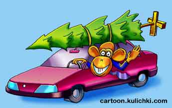 Карикатура о лесной красавице к Новому году. Обезьяна везет на крыше своего автомобиля елку к Новому году. 