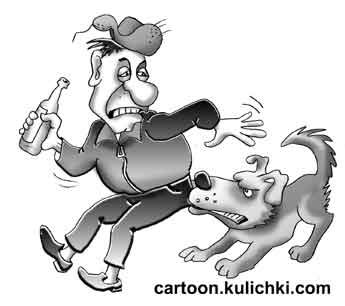 Карикатура о запрете распития спиртных напитков на улице. Дворовый пес прочитал этот Закон и стал рвать штаны всем кто на улице проходил с бутылкой.  