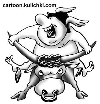 Карикатура о Гермесе оседлавшем быка. Гермес в каске и сандалях с крылышками.   
