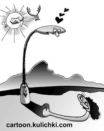 Карикатура о столбе уличного освещения. Столб приревновал собственную тень к солнцу.