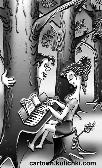 Карикатура о леснике. Лесник давно не видел женщин, а все любовался красивыми стройными соснами и ему почудилась девушка играющая любовную рапсодию на стволе дерева.   