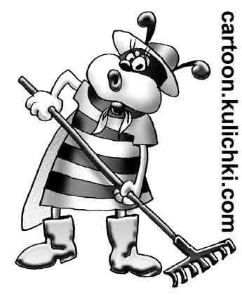 Карикатура о дачных работах. Пчелка с граблями.