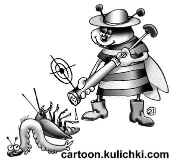 Карикатура о дачных работах. Пчелка с распылителем борется с вредителями – гусеницами, жуками.