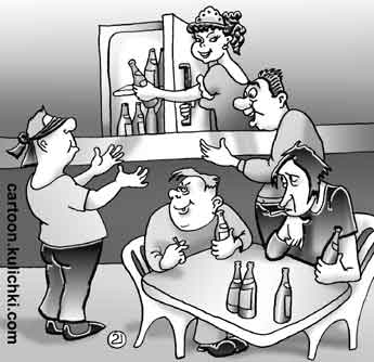 Карикатура о скидка для инвалидов по зрению. В пивном баре  молодой человек прикинулся слепым, чтобы купить пива со скидкой. 