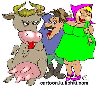 Карикатура о пастухе с девицей. Пастух любит сразу двух телок – девушку и корову. 