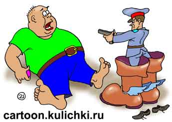 Карикатура о мальчике с пальчике и сапогах скороходах. Милиционер в сапогах скородах быстро настиг преступника. 