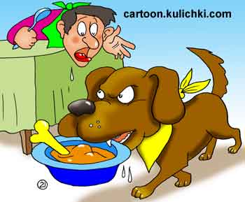 Карикатура  о собачке. Юноша сел за стол обедать и чуток зазевался – песик украл у него тарелку с мясом. 