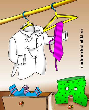 Карикатура о любви вещей в шкафу. Рубашка влюбилась в галстук. А кого еще любить – не вонючие же носки!