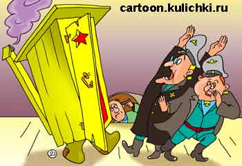 Карикатура о смешном случае из театральной жизни. Красноармеец из деревянного туалета начал ругаться на немцев на сцене и те в страхе капитулировали. 