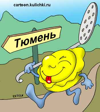 Карикатура о сибирских пельменях. Пельмень с шумовкой из Тюмени.