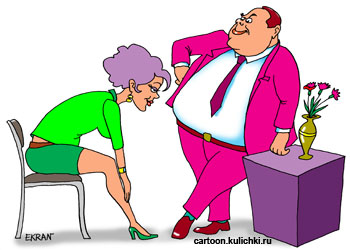Карикатура об офисной гимнастике. Девушка разминает спину сидя на стуле. Директор интересуется чем она занимается в рабочее время.