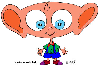 Карикатура о логотипе для телепередачи. Телевизионный мальчик с большими глазами и ушами, чтобы лучше слышать и видеть детскую передачу.