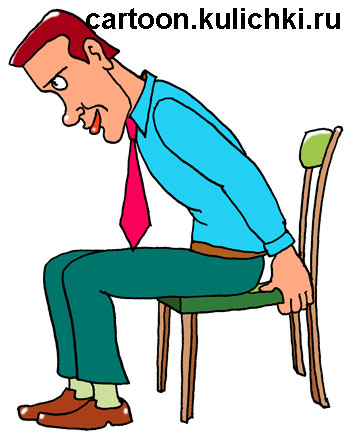 Карикатура о физических упражнениях. Мужчина демонстрирует упражнение – наклоны в перед на стуле.