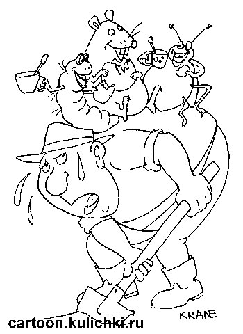 Карикатура о дачнике. Дачник работает на даче с лопатой, а на его шее сидят нахлебники, которые поедают его урожай. Мыши, насекомые, птицы, гусеницы и другие вредители сада и огорода. 